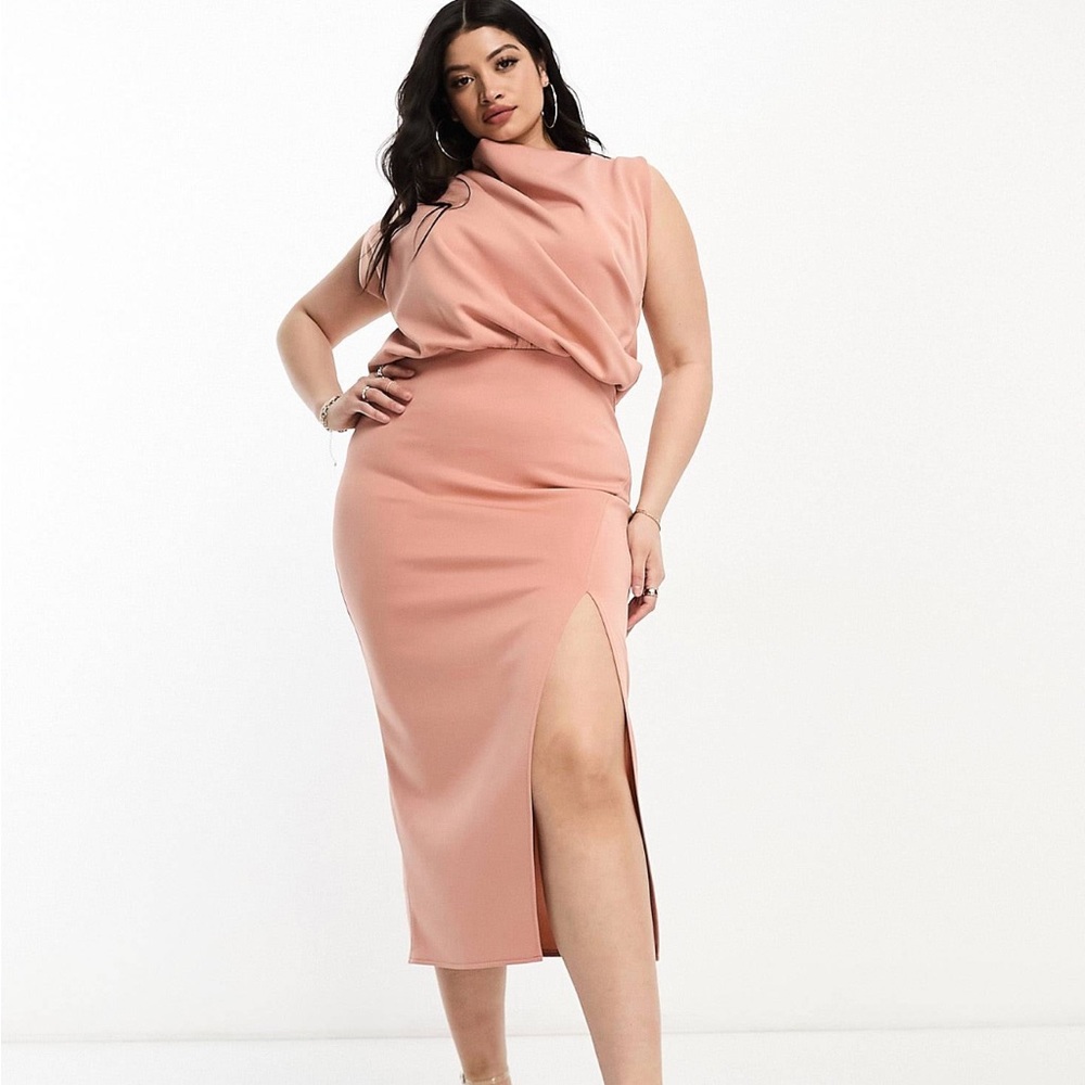 ASOS DESIGN Curve high neck draped blouson waisted midi dress in camel brown